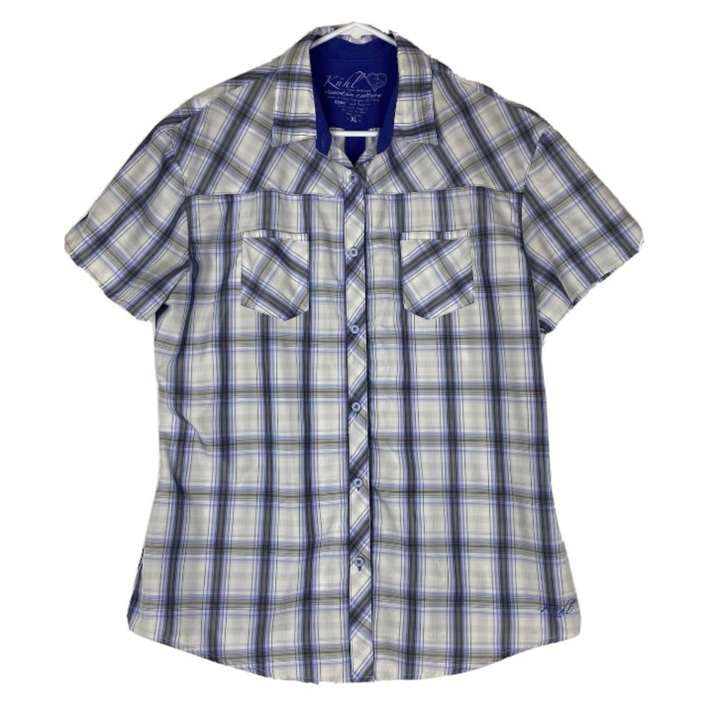 Kuhl Womens Button Up Plaid Shirt Size XL Blue Short Sleeve Top Ionik Outdoor
